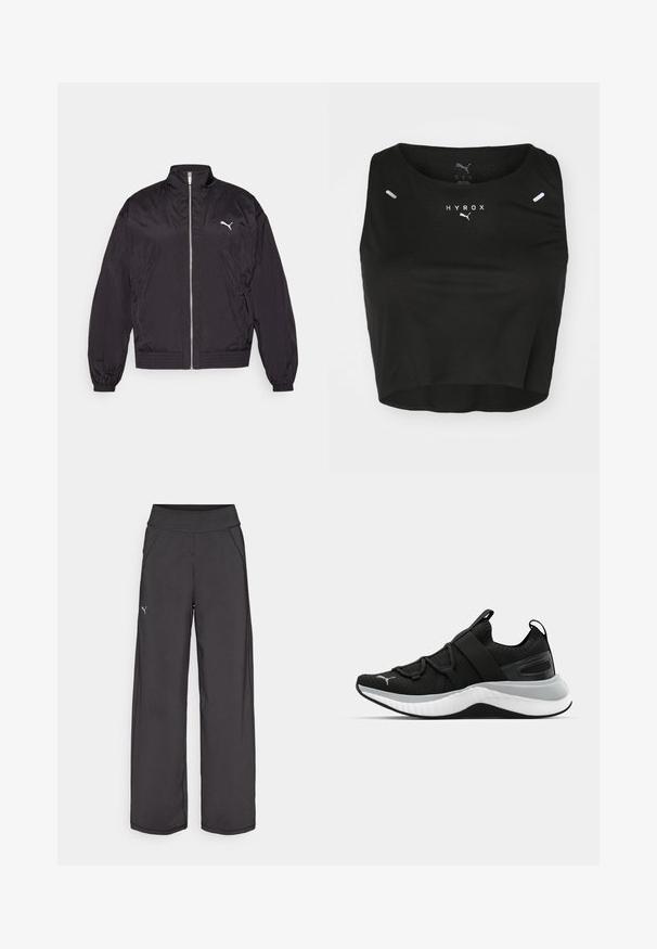 Giacca bomber nera con zip realizzata in materiale leggero, dotata di un colletto alto, polsini elasticizzati e un piccolo logo bianco sul petto sinistro.; Top corto nero in tessuto testurizzato, con scollo rotondo, logo bianco e due piccoli dettagli riflettenti sulle spalle.; Pantaloni sportivi neri con una cintura ampia, tasche laterali e cuciture piatte. Presentano un piccolo logo sulla gamba sinistra. Realizzati in un tessuto morbido ed elastico.; Scarpa sportiva nera con tomaia testurizzata, cinghie elastiche e una spessa suola intermedia bianca. Presenta un accento grigio lungo la suola.