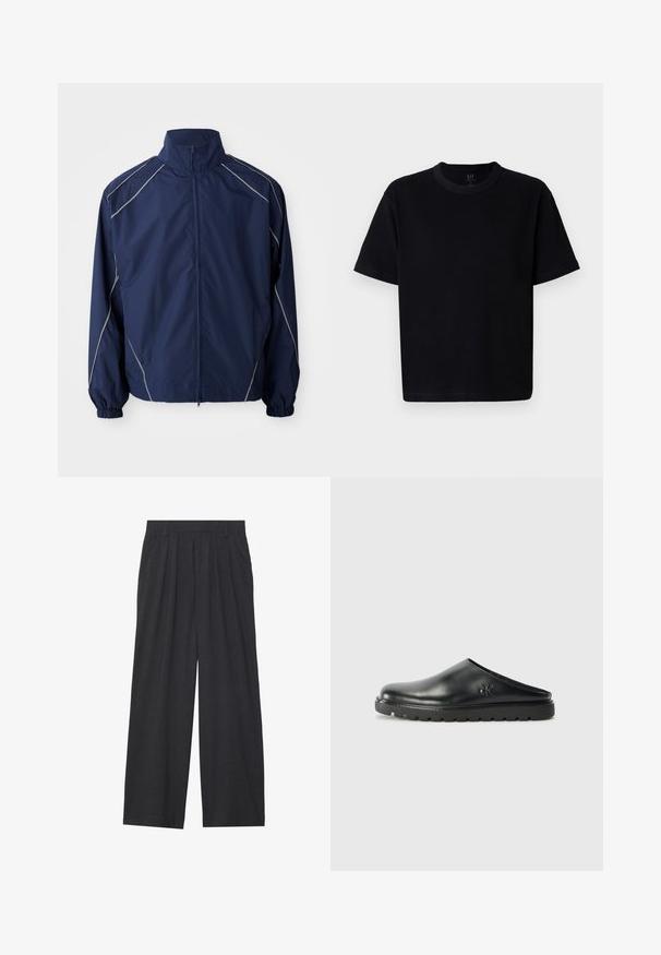 Navy windbreaker jacket, lightweight material, zip-front closure, high collar, elastic cuffs, and gray accent stitching along the seams.; Black cotton t-shirt with a crew neckline, short sleeves, and a straight cut. Features minimal stitching and a soft, smooth texture.; Wide-leg trousers made of dark gray fabric. Features pleats at the waist, a tailored design, and a straight silhouette.; Black leather slide-on shoe featuring a rounded toe, subtle logo detailing, and textured rubber sole for grip and comfort.