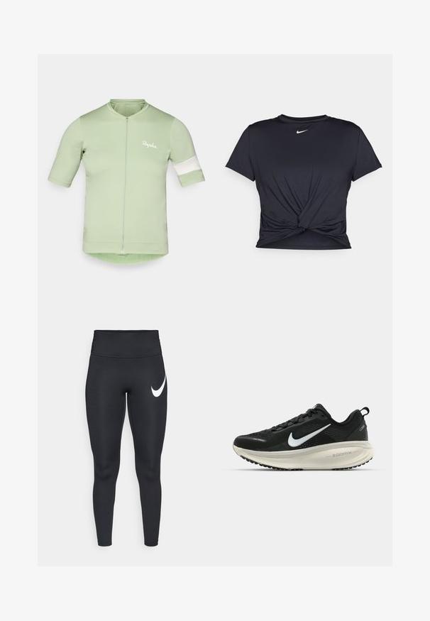 Īsās piedurknes velosipēdistu krekls gaiši zaļā krāsā, ar priekšējo rāvējslēdzēju, baltu svītru akcentu uz piedurknēm un vieglu, stiepjamu audumu.; Melna sporta t-kreklu ar gludu audumu, ar mezglošanas priekšpusi un mazu baltu Nike logotipu uz krūšu daļas.; Melni augstā jostasvietā sporta legingi ar baltu Nike swoosh logo augšējā kreisajā thigh pret baltu fonu.; Melnas Nike skriešanas kurpes ar elpojošu acs augšdaļu, baltu Swoosh logotipu, strukturētu apdari un krēmkrāsas ZoomX starpsole.