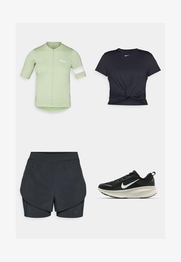 Rövid ujjú kerékpáros mez világoszöld színben, elöl cipzárral, fehér csíkos díszítéssel a hüvelyeken, és könnyű, rugalmas anyagból készült.; Fekete sportpóló sima anyagból, elöl megkötős dizájnnal, a mellkason egy kis fehér Nike logóval.; Fekete sportnadrág réteges kialakítással, sima külső résszel és illeszkedő belső nadrággal. Könnyű, rugalmas anyagból készült.; Fekete Nike futócipő légáteresztő hálós felsőrésszel, fehér Swoosh logóval, textúrázott részletekkel és krém színű ZoomX középtalppal.