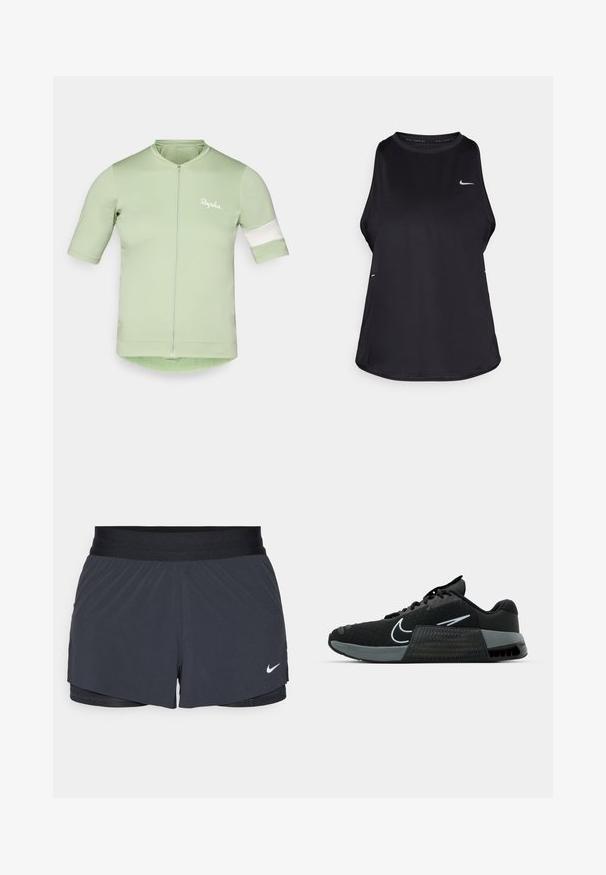 Kortermet sykkeltrøye i lys grønn, med glidelås foran, hvit stripe på ermene og et lett, elastisk stoff.; Svart ermeløs løpe-trøye laget av lett materiale med rund hals; har en subtil logo og sideslitser for pusteevne.; Sorte treningshorts med elastisk midjebånd, med lagdelt design og liten hvit Nike-logo på nederste venstre side. Lett materiale.; Svart atletisk sko med mesh-overdel, grå detaljer og teksturert såle. Har en fremtredende logo og snøring. Gummisåle for godt grep.