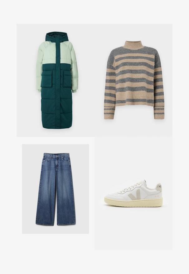 Kapucnis pufi kabát, világoszöld és sötétkék színkombinációval, két elülső zsebbel és bordázott mandzsettákkal.; Csíkos kötött pulóver szürke és bézs színekkel, magas gallérral, széles mandzsettás ujjal és laza, rövidített fazonnal.; Széles lábú kék farmernadrág elhalványodott felülettel, gombos és cipzáras záródással, öt zsebbel és övhurkokkal.; Fehér bőr sneaker bézs velúr részletekkel, perforált orr résszel, lapos fűzőkkel és textúrált krémszínű talppal. Finom márkajelzés található a sarkán.