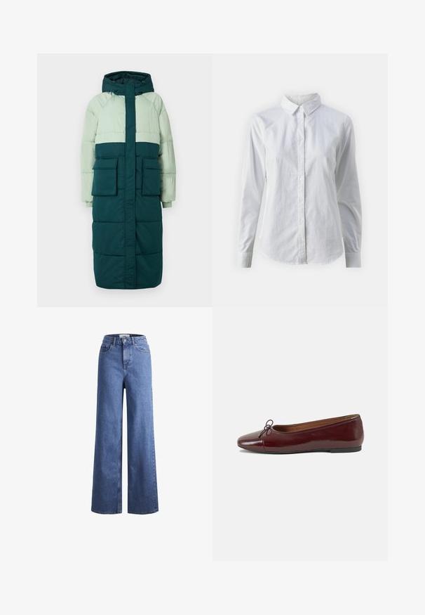 Puha bunda s kapuco, z značilnim barvnim vložkom v svetlo zeleni in temno zeleni barvi, ima dva sprednja žepa in rebraste manšete.; Bela srajca z gumbki, narejena iz gladkega bombaža, s klasičnim ovratnikom, dolgimi rokavi in ukrivljenim robom. Gumbi so majhni in beli.; Svijetloplave traper hlače širokih nogavica s visokim strukom, s dva prednja džepa i vidljivim šavovima. Ima kopčanje na gumb i zatvarač.; Burgundska patenti usnjeni baletni čevlji z zaobljenim prstom, majhnim lokom na sprednji strani in nizkim črnim gumijastim podplatom. Gladka tekstura.