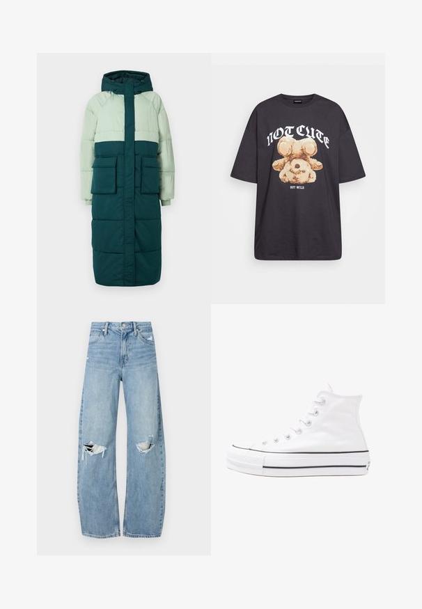 Casaco tipo puffer com capuz, apresenta um design em blocos de cor em verde claro e verde água escuro, dois bolsos frontais e punhos canelados.; T-shirt oversized preto com uma gráfica de um urso e o texto "NÃO FOFO, MAS SELVAGEM" em letras brancas e em negrito. Material em algodão.; Jeans de lavagem clara, de cintura alta, feitos de denim. Apresentam pernas largas, duas áreas rasgadas nos joelhos e o estilo clássico de cinco bolsos.; Sapatilha alta de tela branca com sola de borracha preta, bico de borracha na frente e seis ilhós para os atacadores, apresentando um design limpo e minimalista.