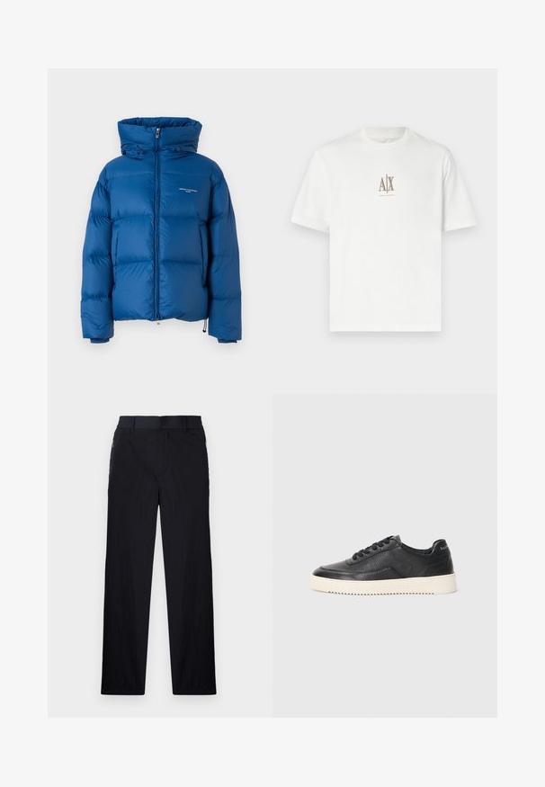 Kék puffertakaró magas gallérral, cipzáras záródással és húzózsinóros részletekkel. Steppelt részekkel és minimális logózással rendelkezik.; Fehér pamut póló kerek nyakkal. Jellemzője egy kis bézs "A|X" logó, alatta az "ARMANI EXCHANGE" felirattal. Rövid ujjú, normál fazonú.; Fekete nadrág könnyű, textúrált anyagból, egyenes szárú kialakítással, rugalmas derékpánttal és oldalsó cipzáras zsebekkel.; Fekete bőr sportcipő textúrázott felülettel, kerek orral és lapos fehér gumitalppal. Fekete fűzőkkel és márkázással a sarkán.