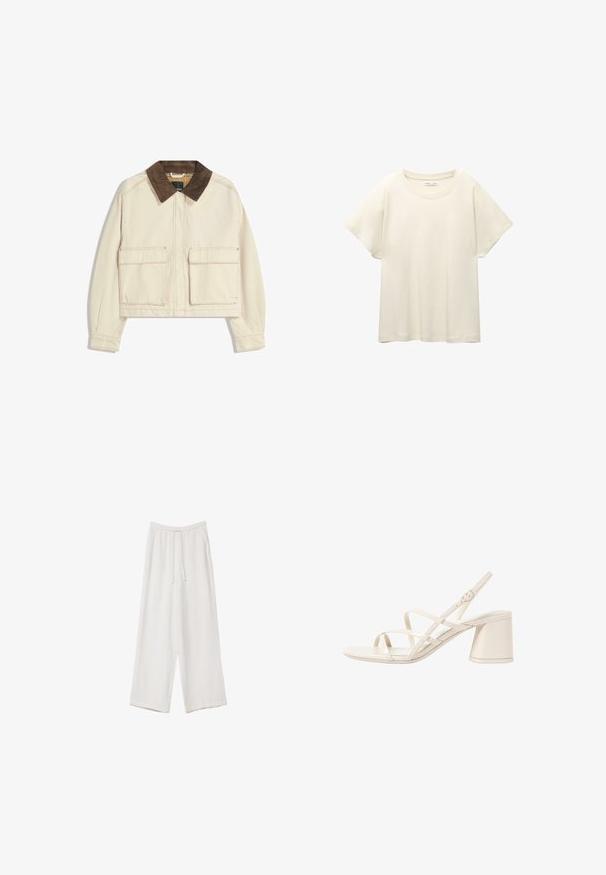 Cropped jacket in beige cotton with a brown corduroy collar, featuring two front patch pockets and visible stitching details.; Light beige short-sleeve t-shirt with a round neckline, made of soft, smooth fabric. Features a relaxed fit and straight hemline.; White wide-leg trousers made from a lightweight fabric. Features an elastic waistband with a drawstring and side pockets. Smooth texture.; Beige heeled sandals with slender, crisscross straps, open toe, and a square block heel. Smooth patent finish, adjustable ankle strap.