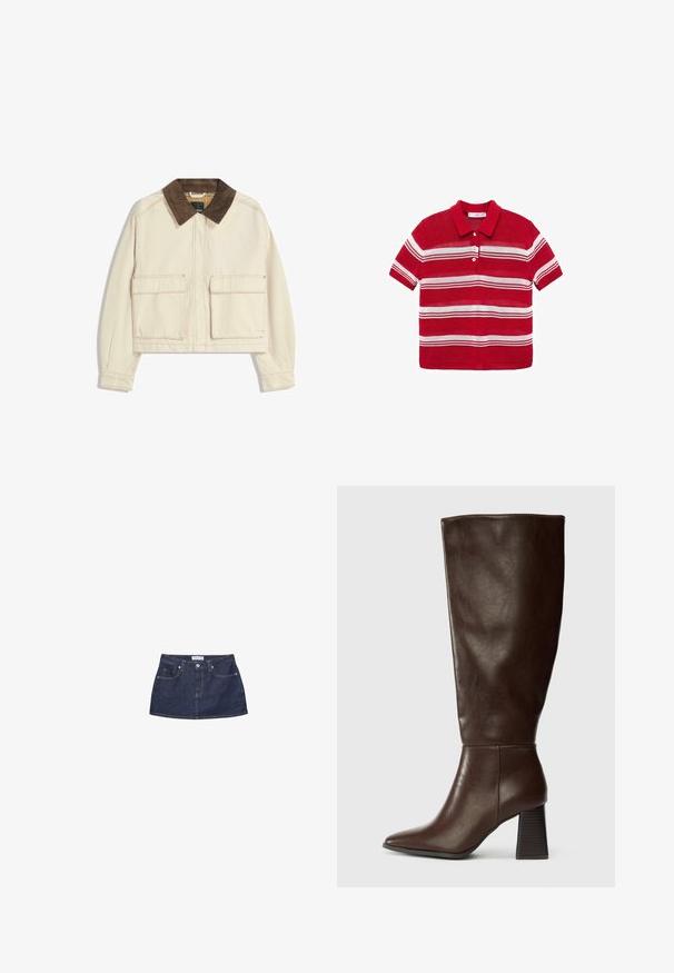 Giacca cropped in cotone beige con colletto in velluto a coste marrone, dotata di due tasche frontali a toppa e dettagli di cucitura visibili.; Polo shirt rosso a maniche corte con strisce orizzontali bianche e tre bottoni bianchi sul davanti.; Gonna mini in denim blu scuro con vita aderente, tasche frontali e chiusura con bottone metallico. Texture liscia e taglio classico.; Stivale marrone in pelle alta fino al ginocchio con punta affusolata e tacco spesso texturizzato. Finitura liscia con dettagli di cucitura minimi.
