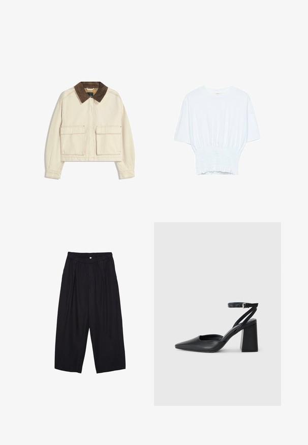 Krátka bunda z béžovej bavlny s hnedým zamatovým golierom, ktorá má dve predné nakladané vrecká a viditeľné švy.; Biela krátka T-shirt s voľným strihom a zlaceným textúrou v oblasti pása. Vyrobená z mäkkého, ľahkého materiálu.; Čierne polyesterové culotte nohavice s elastickým pásom, dvoma prednými záhybmi a voľným strihom. Žiadne viditeľné vzory ani detaily z kovu.; Čierne kožené lodičky s špicatou špičkou a členkovým remienkom, s masívnym podpätkom. Hladký povrch, elegantný dizajn a minimalistická estetika.