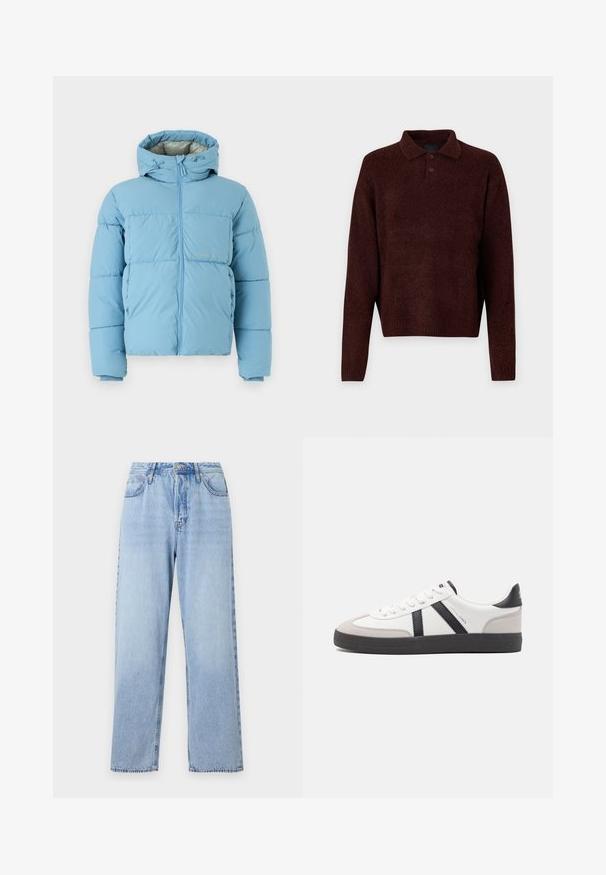 Jack & Jones JORVESTERBRO PUFFER JACKET - Winterjacke - mountain spring; Brauner Strickpullover mit Polo-Kragen, drei Knöpfen am Hals und langen Ärmeln. Weiche Textur, gerippte Bündchen und Saum.; Helle blaue Jeans im geraden Schnitt, hohe Taille, fünf Taschen und Knopfverschluss. Mit ausgewaschenem Look und Kontraststeppnaht.; Weiße Sneaker mit schwarz- und grau-aczenten, ausgestattet mit einer strukturierten grauen Zehenkappe, schwarzer Gummi-Sohle und flachen weißen Schnürsenkeln. Sauberes Design, minimalistische Stil.