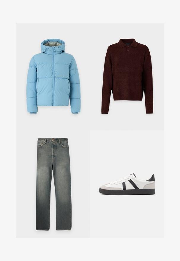Jack & Jones JORVESTERBRO PUFFER JACKET - Žieminė striukė - mountain spring; Rudas megztinis su polo apykakle, trimis mygtukais ant kaklo ir ilgomis rankovėmis. Minkšta tekstūra, raukiniai rankogaliuose ir apatine dalyje.; Jack & Jones JJIALEX JJCOOPER - Platūs džinsai - black denim; Balti sportbačiai su juodais ir pilkais akcentais, pasižymintys tekstūruotu pilku pirštų dangteliu, juoda gumine padais ir plokščiomis baltomis raišteliais. Švarus dizainas, minimalistinis stilius.