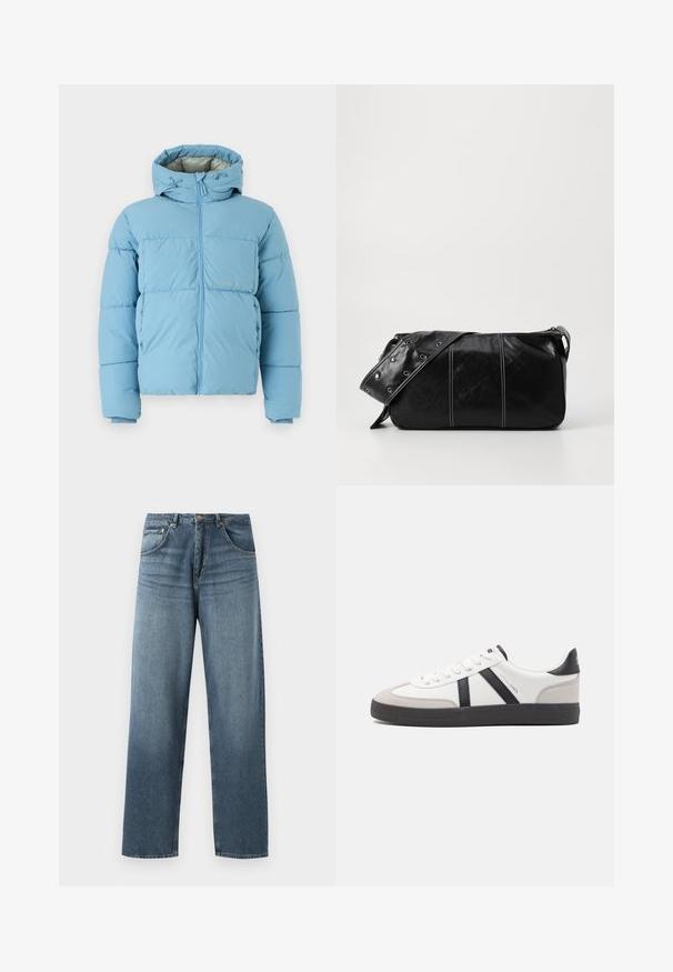 Jack & Jones JORVESTERBRO PUFFER JACKET - Ziemas jaka - mountain spring; Brūns adīts džemperis ar polo apkakli, trīs pogām pie kakla un garām piedurknēm. Mīksta tekstūra, ribota apakšmala un piedurkņu gali.; Taisni kāju zili džinsi ar izbalējušu apdari, piecdesmit kabatu dizains, metalizēta pogu un jostas cilpas. Strukturēta, vidēji smaga auduma.; Baltas sneakeris ar melniem un pelēkiem akcentiem, kuram ir teksturēts pelēks purngals, melna gumijas zole un plakanas baltas šņores. Tīrs dizains, minimālisma stils.; Melnas ādas plecu soma ar rāvējslēdzēja aizdari, ar teksturētu virsmu, baltu dūrienu un siksnu ar sudraba iekavām.