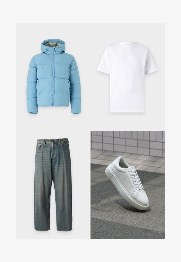 Jack & Jones JORVESTERBRO PUFFER JACKET - Veste d'hiver - mountain spring; T-shirt blanc à manches courtes en coton avec un col rond, présentant une texture lisse et un design simple, sans motifs ni accents.; Jeans en denim bleu clair avec une coupe ample, taille mi-haute et jambes droites. Comprend cinq poches, des passants de ceinture et une fermeture à bouton.; Baskets en cuir blanc avec une surface lisse, bout rond et lacets plats blancs. Présentent une semelle en caoutchouc texturée et des éléments de design minimalistes.