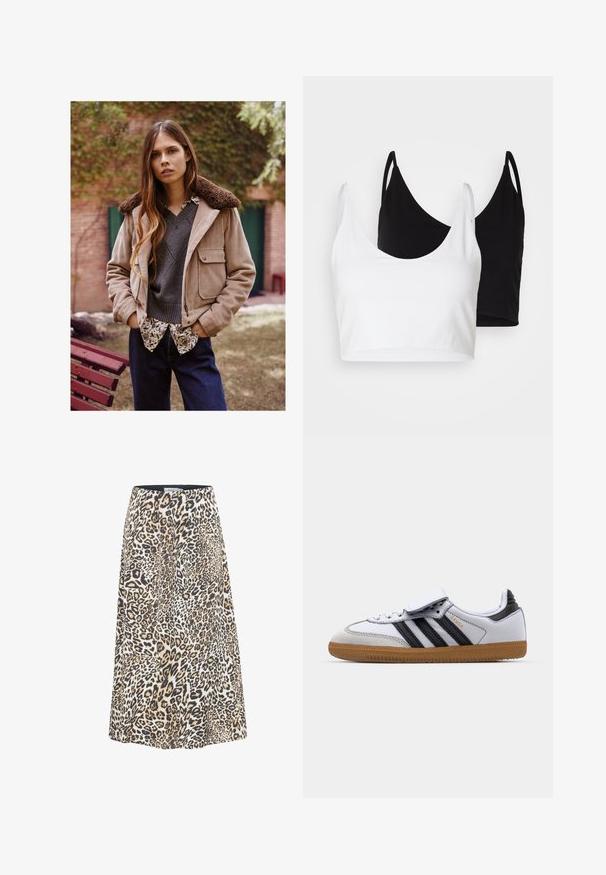 Beige corduroy jacket with a brown fur collar, layered over a gray sweater and floral-patterned shirt, paired with dark blue jeans.; Two cotton crop tops in white and black. Each has a deep neckline and thin shoulder straps, featuring a smooth, soft texture.; Leopard print skirt with a flared design, featuring shades of tan, black, and cream. Made from soft, lightweight fabric with a waistband.; White leather sneaker with black stripes and grey accents, featuring a rounded toe and gum rubber outsole. Velcro strap and lace closure.