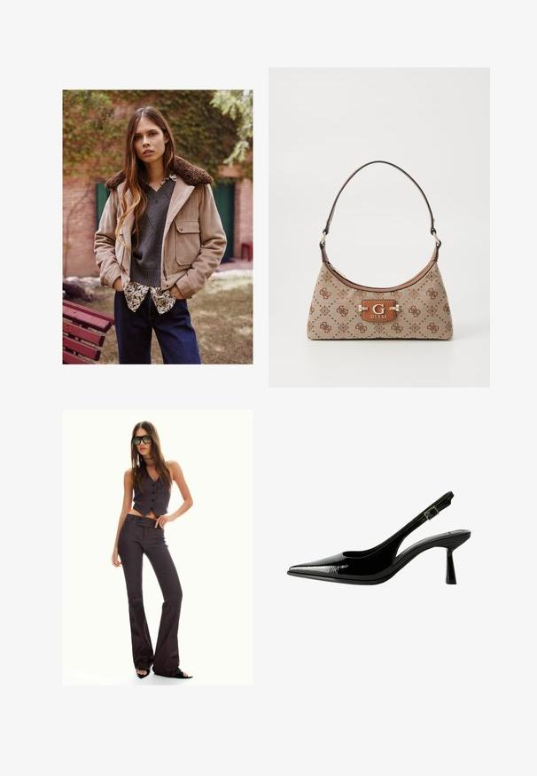 Beige cordurojacket med en brun pelskrave, lagd over en grå sweater og en skjorte med blomstermønster, parret med mørkeblå jeans.; Hvid langærmet polo shirt med krave, knaplukning og ribbede manchetter, lavet af blød, letvægtsstof.; Brun stribet cropped vest og flagrende bukser med knapper og et tekstureret stof. Sorte åbentåede sko og overdimensionerede solbriller.; Sorte patenterede lædersandaletter med spids tå, udskårne sider, justerbar ankelstrop og en tynd, slank hæl.; Tote bag i beige stof med brune mønstrede detaljer. Har en buet form, enkelt strop og et logo-plakette foran med sølvhardware.