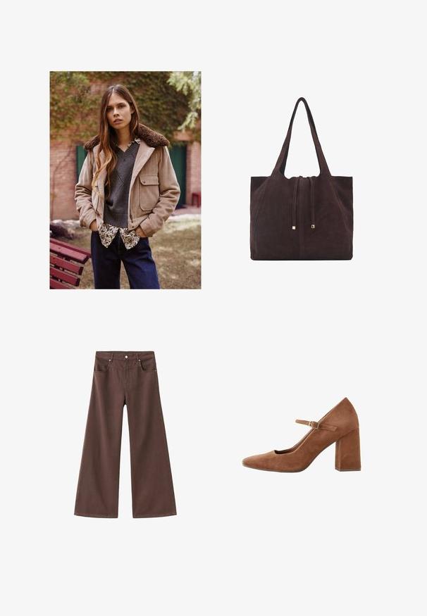 Bež žakets od kordura s smeškim krznom, složen preko sivoj džempera i košulje s cvjetnim uzorkom, u kombinaciji s tamnoplave traperice.; Bijela majica od mekane, lagane tkanine. Ima okrugli izrez i kratke, široke rukave s ležernim krojem. Bez vidljivih uzoraka.; Smeđe široke traperice izrađene od denima. Imaju pet džepova, patentni rajsferšlus i metalne zakovice. Glatka tekstura i klasičan dizajn.; Smeđi nubuk Mary Jane salonke s izoštrenim vrhom, podesivim remenom s kopčom i blok petom. Glatka tekstura, klasičan dizajn.; Mango Velika torba - dark brown