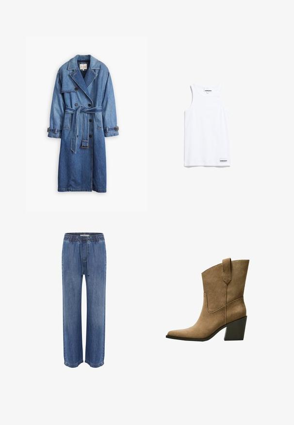 Cappotto trench in denim blu medio con design a doppio petto, vita con cintura, colletto a risvolto e polsini con bottoni.; Canottiera bianca in cotone. Presenta spalline larghe e un girocollo arrotondato. Include un piccolo etichetta del marchio in basso a sinistra.; Pantaloni in denim blu con vita elastica e cordoncino, caratterizzati da una vestibilità rilassata e gambe larghe, texture liscia e orli cuciti.; Stivali da cowboy in suede marrone con punta affusolata, caratterizzati da un tacco a blocco di altezza media e da una semplice cucitura lungo le cuciture laterali.