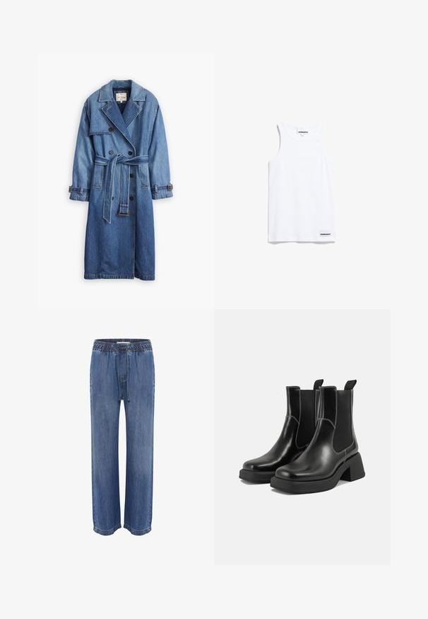 Denim trenchcoat in middenblauw met een dubbelgebreid ontwerp, taille met ceintuur, reverskraag en met knopen gesloten manchetten.; Witte tanktop gemaakt van katoen. Voorzien van brede schouderbanden en een ronde halslijn. Inclusief een klein merkje aan de onderkant links.; Blauwe denim broek met een elastische tailleband en trekkoord, met een relaxed fit en wijde pijpen, een gladde textuur en gestikte zomen.; Zwarte leren Chelsea-boots met een chunky hak, elastische zijpanelen en contrasterende witte stiksels. Gestructureerde afwerking.