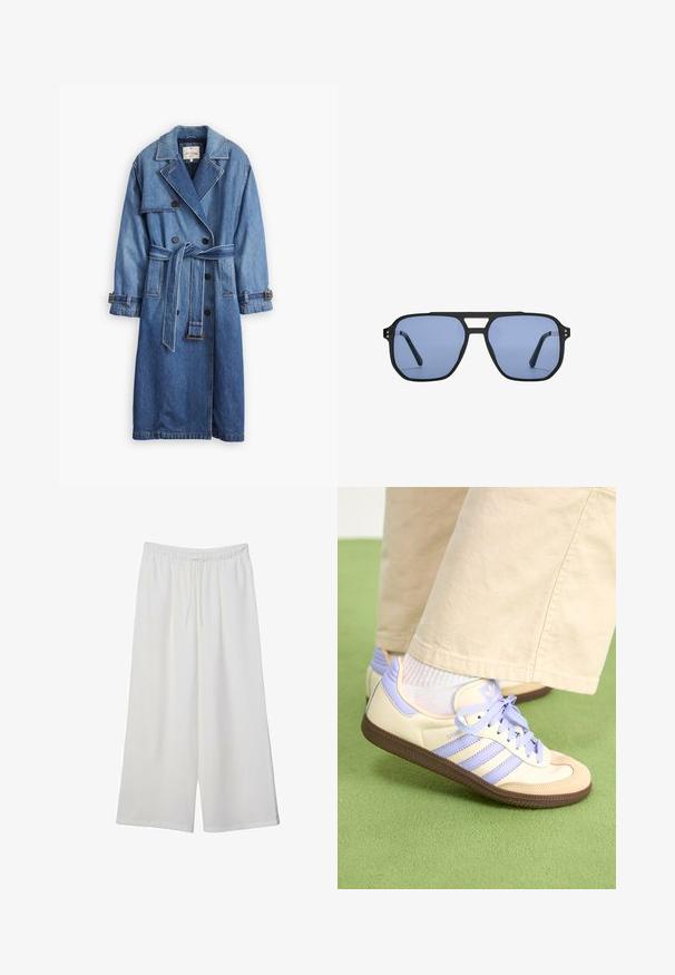 Jeans-Trenchcoat in mittlerem Blau mit doppelreihigem Design, Taillengürtel, Reverskragen und knöpfbaren Manschetten.; Helles beige T-Shirt mit kurzen Ärmeln und Rundhalsausschnitt, aus weichem, glattem Stoff gefertigt. Verfügt über eine lockere Passform und einen geraden Saum.; Weiße, weit geschnittene Hosen aus leichtem Stoff, mit einem elastischen Bund und einem Zugband für eine verstellbare Passform. Glatte Textur.; Cremefarbene und lavendelfarbene Sneakers mit drei Streifen und einer strukturierten braunen Sohle, ausgestattet mit Schnürsenkeln und einer gepolsterten Ferse. Obermaterial aus weichem Stoff.; Stradivarius RETRO - Sonnenbrille - light blue