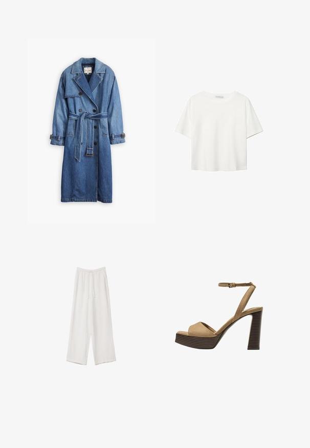 Denim trenchcoat i mellemblå med dobbeltkneppet design, bælte i taljen, notch-krave og knappede ærmekanter.; Hvid kortærmet t-shirt lavet af bomuld. Har en rund halsudskæring og en afslappet pasform. Glat tekstur uden synlige mønstre eller detaljer.; Hvide bukser med bred benlængde lavet af et letvægtsstof. Har et elastisk talje med snor og sidelommer. Glat tekstur.; Beige ruskinds højhælede sandaler med en bred foranrem og ankelrem, der har en kraftig træblokhæls struktur.