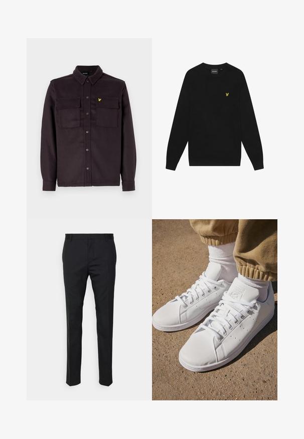 Jachetă cămașă butonată de culoare mov închis, confecționată dintr-un material cu un finisaj texturat, având două buzunare pe piept și un mic logo galben.; Hanorac negru din bumbac, cu mâneci lungi și guler rotund. Prezintă un mic logo galben cu o vultur pe piept. Textură moale.; Pantaloni negri, croiți, cu o potrivire dreaptă, dintr-un material neted. Au curea de brâu și detaliu de pliuri pe față.; Adidași din piele albă cu o suprafață netedă, având un design clasic cu șireturi, perforații pentru ventilație și o talpă exterioară din cauciuc texturat.