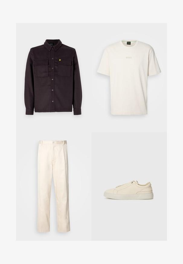 Giacca camicia di colore viola scuro, realizzata in un tessuto con finitura testurizzata, dotata di due tasche sul petto e un piccolo logo giallo.; BOSS TEE - T-shirt basic - open white; Pantaloni in cotone beige con taglio dritto, dotati di chiusura a bottone e pence sul davanti per un tocco di dettaglio in più.; Sneaker in pelle beige con punta arrotondata, design minimalista, dettagli di cucitura sottili e una parte superiore testurizzata, su una suola chiara.