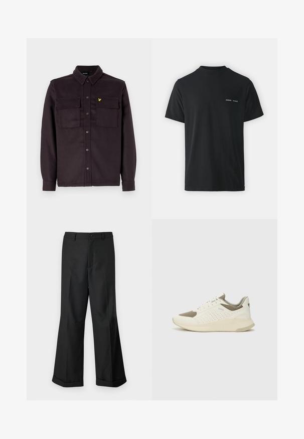Chemise-jetée à boutons de couleur violet foncé, fabriquée en tissu à finition texturée, avec deux poches poitrine et un petit logo jaune.; T-shirt en coton noir avec un col rond classique, des manches courtes et deux petits logos blancs "SAMSØE" sur la poitrine gauche.; Pantalons noirs à jambes larges avec taille boutonnée et ourlets retroussés, présentés sur un arrière-plan blanc uni.; Basket de sport blanche et beige clair, avec une tige en maille, des détails perforés et une semelle intermédiaire texturée avec un logo sur le talon.