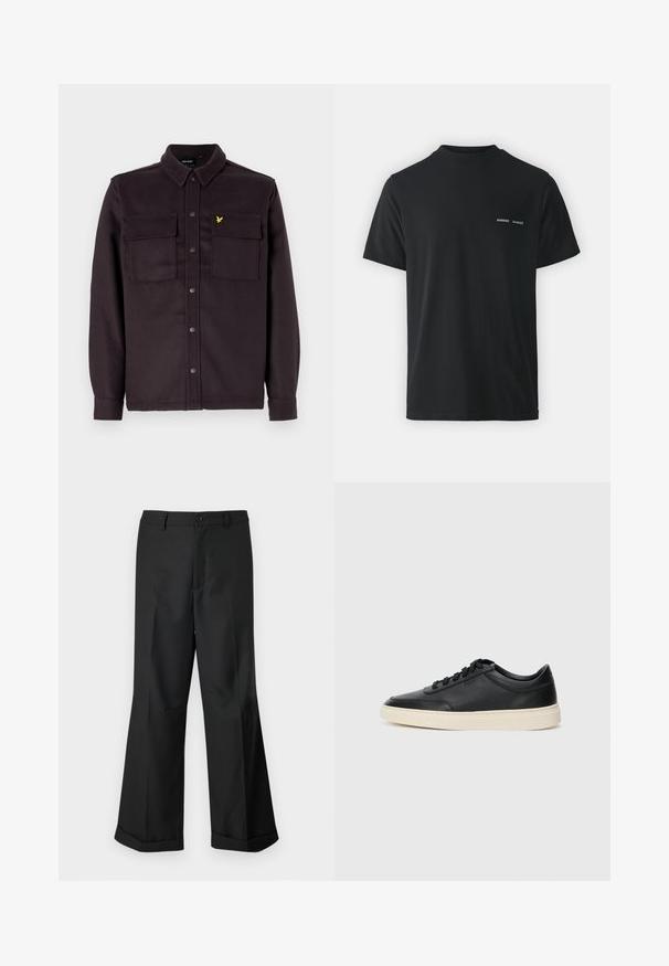 Temno vijolična srajčna jakna, izdelana iz tkanine z teksturirano površino, z dvema žepoma na prsih in majhnim rumenim logotipom.; Črna bombažna majica s klasičnim okroglim izrezom, kratkimi rokavi in dvema malima belima logoma "SAMSØE" na levi strani prsnega koša.; Črne široke hlače z gumbasto pasom in manšetami, prikazane na enostavni beli podlagi.; Črne nizke usnjene teniske s črnimi vezalkami in svetlo belo podplatom, prikazane v stranskem profilu na beli podlagi.