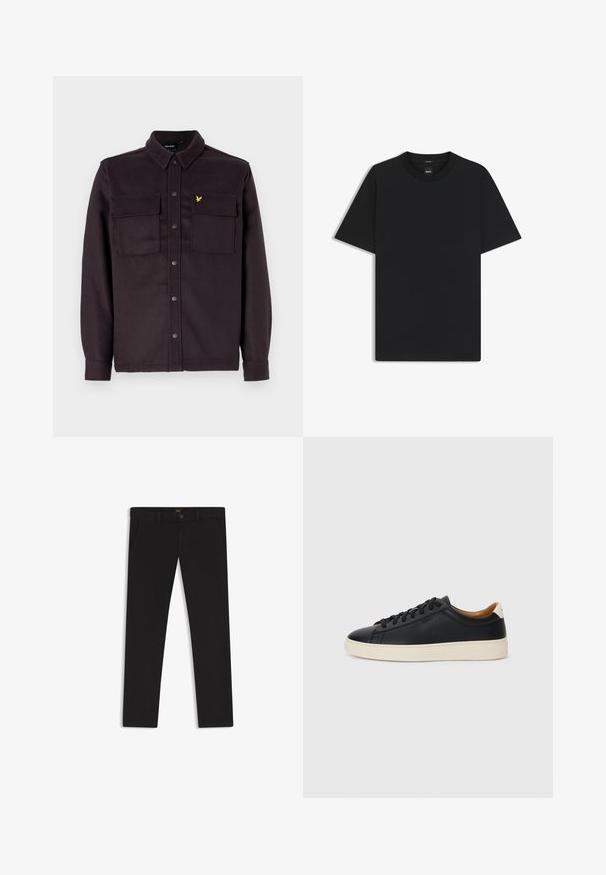 Dark purple button-up shirt jacket, made of fabric with a textured finish, featuring two chest pockets and a small yellow logo.; Black short-sleeve T-shirt made from a smooth cotton blend, featuring a crew neckline and a minimalistic design with no patterns or accents.; Black trousers made of fabric with a smooth texture. Features a button closure, belt loops, and side pockets. Standard straight-leg design.; Black leather sneakers with a smooth texture, beige rubber sole, lace-up design, and a contrasting heel accent.