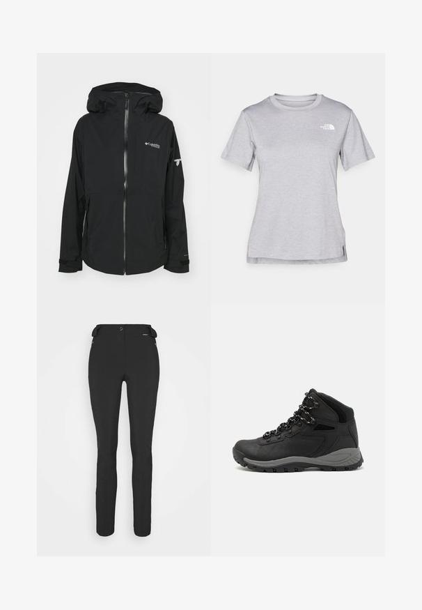 Schwarze wasserdichte Jacke mit einem Front-Reißverschluss, verstellbarem Kapuze und Markenlogos. Verfügt über lange Ärmel mit Bündchen und hat ein schlankes Design.; Graues T-Shirt mit kurzen Ärmeln aus weichem, feuchtigkeitsableitendem Stoff. Hat einen Rundhalsausschnitt und ein kleines weißes Logo auf der oberen linken Seite.; Schwarze, enganliegende Hosen aus einem flexiblen Material. Zu den Merkmalen gehören eine seitliche Reißverschlusstasche, vorgeformte Knie und eine glatte Textur.; Schwarzer Wanderstiefel mit einem mittelhohen Design, ausgestattet mit einer strukturierten Oberfläche, grauen Akzenten und einer robusten Gummisohle mit Profilstollen.