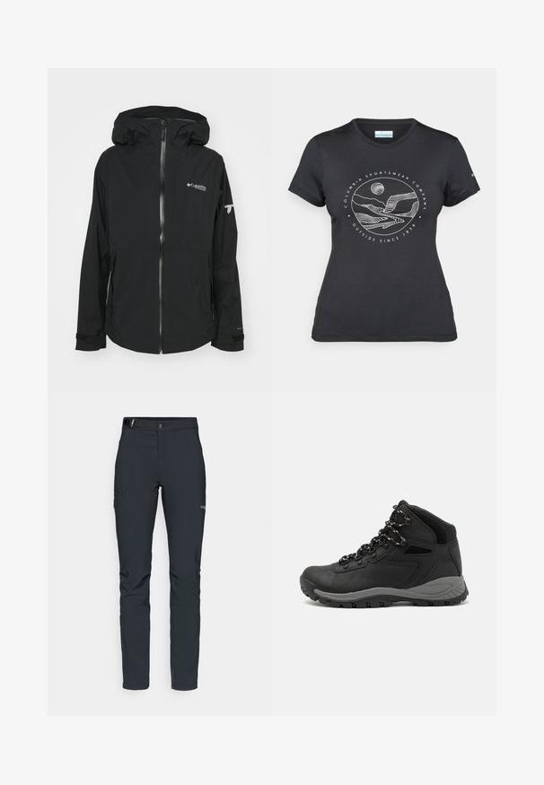 Svart vanntett jakke med frontglidelås, justerbar hette og merkede logoer. Har lange ermer med mansjettfester og en slank design.; Svart Columbia t-skjorte med hvit sirkulær fjell- og elvlinjekunst og tekst "Columbia Sportswear Company Outside Since 1938."; Herre utendørsbukser, mørkegrå, laget av fleksibelt materiale, med belte, glidelåslommer og forsterkede sømmer.; Sorte turstøvler med mid-topp design, som har en teksturert overdel, grå detaljer og slitesterk gummisåle med godt grep.