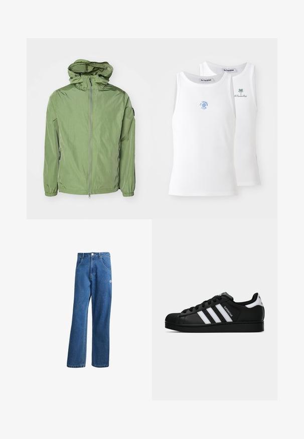 Lahka jopica s kapuco v svetlo zeleni barvi, ki ima elastične manšete, sprednje zadrgo in subtilen lesk. Vključena sta dva stranska žepa.; Dve bele majice brez rokavov, rebraste teksture, z vezenimi logotipi v modri in zeleni barvi. Ena ima dizajn sonca, druga pa palmo.; Modre visoko pasu široke denim kavbojke z sprednjimi žepi, zankami za pas, gumbom za zapiranje in majhnim logotipom Adidas na desni stegno.; Črne superge Adidas Superstar z belimi črtami, zaščitnim pokrovom na prstih in napisom "Superstar" na strani, prikazane v bočnem profilu na beli podlagi.