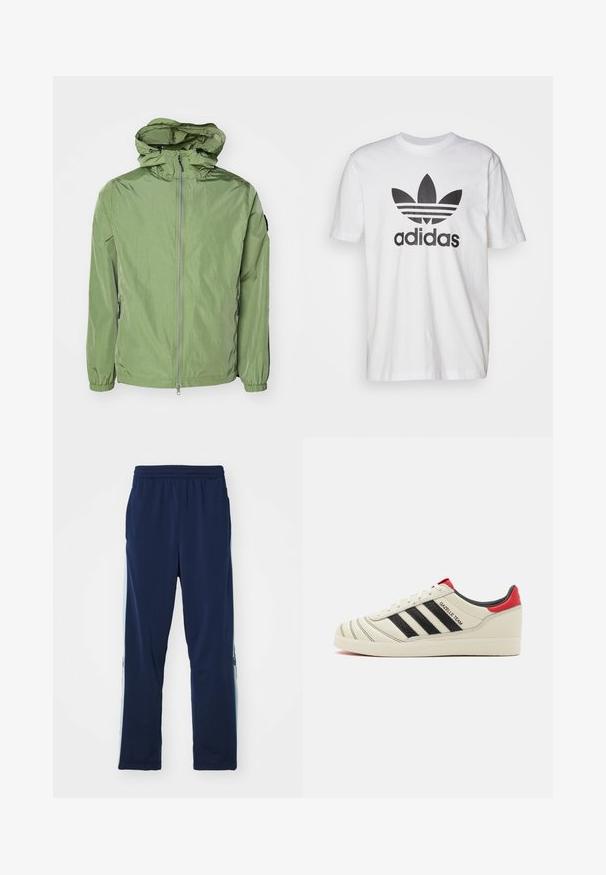 Veste légère à capuche de couleur vert clair, dotée de poignets élastiques, d'une fermeture éclair à l'avant et d'un léger éclat. Deux poches latérales incluses.; T-shirt en coton blanc avec un logo Adidas noir présentant un design en trèfle et trois bandes. Manches courtes, col rond et coupe décontractée.; Pantalons de survêtement navy en tissu extensible, dotés d'une large taille élastique, d'une coupe droite et de légères accents latéraux avec des logos.; Baskets en cuir crème avec des rayures noires, des accents rouges au talon et des détails texturés. Elles sont dotées d'une semelle en caoutchouc et d'un système de laçage.