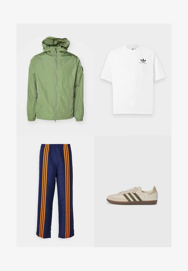 Leichte, kapuzenjacke in einem hellgrünen Farbton, ausgestattet mit elastischen Bündchen, einem Front-Reißverschluss und einem dezenten Glanz. Zwei seitliche Taschen sind enthalten.; Weißes Baumwoll-T-Shirt mit kurzen Ärmeln, das ein schwarzes "BASKETBALL"-Logo und ein ikonisches Drei-Streifen-Design auf der Vorderseite aufweist.; Blaue Jogginghosen mit einem Allover-Muster und orangefarbenen Streifen an den Seiten, mit einem bequemen elastischen Bund und lockerer Passform.; adidas Originals SAMBA OG UNISEX - Sneaker low - alumina/medium dark khaki/gum