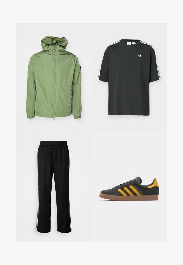 Kerge, kapuutsiga jakk helesinises värvitoonis, millel on elastsed mansetid, eesmine tõmblukk ja peen läige. Kaks küljetaskut.; Mustast puuvillast lühikeste varrukatega t-särk, ümmarguse kaelusega ja valgete kolmetriipudega õlgadel. Rinnal on väike valge logo.; Mustad mustad spordipüksid elastse vöökohaga, millel on valged küljeread ja väike logo. Materjal tundub pehme ja kerge.; Mustad sametist spordijalatsid kollaste aktsentidega, millel on kolm triipu ja pruun kummitald. Mugavuse tagamiseks on neil pehmendatud keele osa.