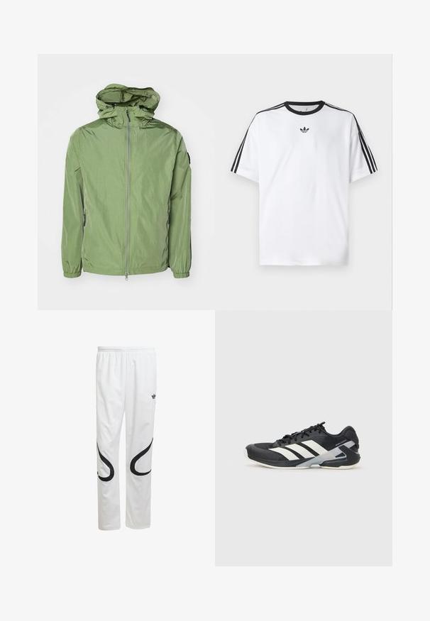 Lightweight, hooded jacket in a light green color, featuring elastic cuffs, a front zip closure, and a subtle sheen. Two side pockets included.; White T-shirt made of cotton, featuring a black round neckline and three black stripes on each shoulder. Small black logo on the chest.; White athletic pants with a smooth texture, featuring black curved designs on the sides and a black logo near the waistband.; Black athletic shoe with white stripes, mesh upper, rounded toe, and cushioned sole. Features a textured heel and secure lacing system.