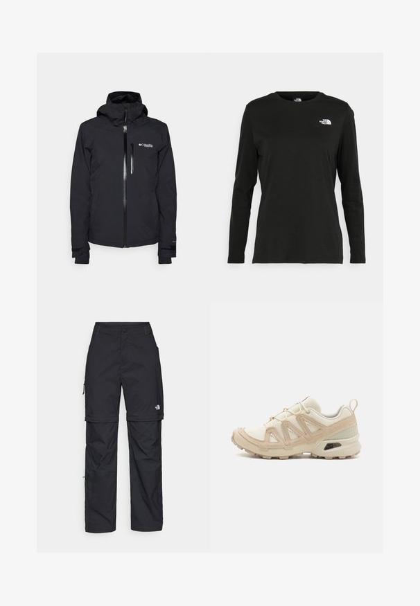 Schwarze wasserdichte Jacke mit Kapuze, Frontreißverschluss und Kinnschutz. Verfügt über eine kleine Reißverschlusstasche auf der Brust und verstellbare Bündchen.; Schwarzes Langarm-T-Shirt aus Baumwolle mit Rundhalsausschnitt. Verfügt über ein kleines weißes Logo auf der linken Brustseite. Einfaches Design und Passform.; Schwarze Nylon-Zip-Off-Cargohosen mit verstellbaren Bündchen, mehreren Taschen und einem Logo am rechten Bein. Glatte, leichte Textur.; Beige und cremefarbenen Sportschuh mit strukturiertem Mesh-Obermaterial, unterstützenden Überzügen und Gummisohle mit einem Profilmuster für Bodenhaftung.