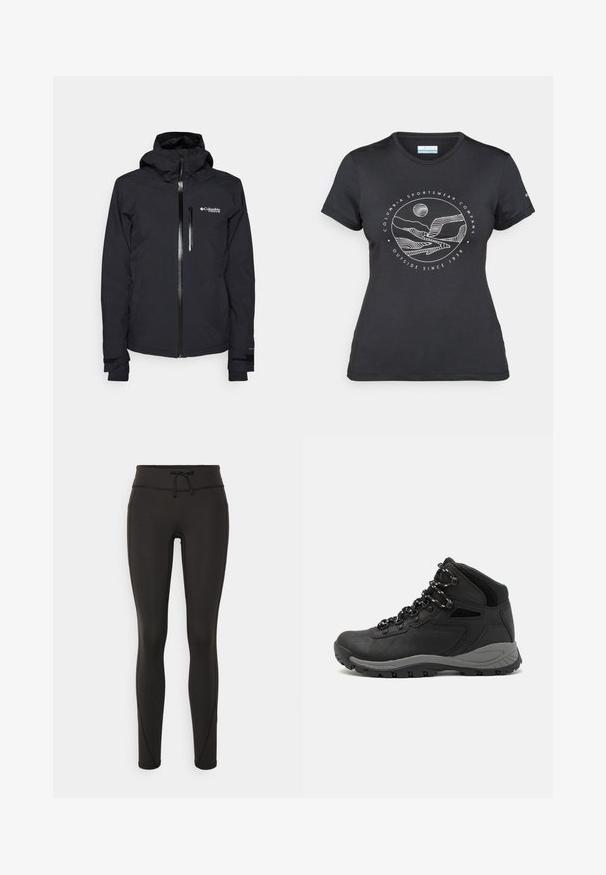 Black waterproof jacket with a hood, front zipper, and chin guard. Features a small zip pocket on the chest and adjustable cuffs.; Black Columbia t-shirt with white circular mountain and river line art and text "Columbia Sportswear Company Outside Since 1938."; Black leggings with a high waistband, drawstring, smooth texture, and fitted design. Features stitching details along the sides.; Black hiking boot with a mid-top design, featuring a textured upper, gray accents, and durable rubber sole with traction lugs.