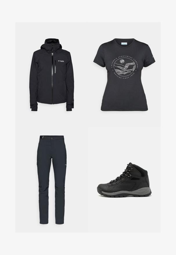 Črna vodoodporna jakna z kapuco, sprednjim zadrgo in zaščito za brado. Ima majhen zadržni žep na prsih in nastavljive manšete.; Črna majica Columbia z belim krožnim risanjem gora in reke ter napisom "Columbia Sportswear Company Outside Since 1938."; Moške zunanje hlače, temno siva, izdelane iz fleksibilnega materiala, z pasom, žepom na zadrgo in ojačanim šivanjem.; Črne pohodniške čevlje z srednje visokim dizajnom, ki imajo teksturirano zgornji del, sivi dodatki in vzdržljiv gumen podplat s protizdrsnimi izboklinami.