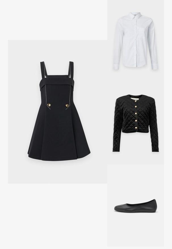 Giacca cropped nera trapuntata con maniche lunghe, scollo rotondo e sei chiusure con bottoni dorati sul davanti. Texture in morbido velluto.; Camicia bianca a maniche lunghe in cotone, con colletto, chiusura frontale con bottoni e una tasca sul petto. Tessuto liscio. Senza motivi.; Abito nero con un corpetto aderente, spalline larghe e gonna plissettata. Presenta bottoni dorati e dettagli di cucitura bianca a contrasto.; Pantofole da balletto nere in pelle con punta arrotondata, texture liscia, dettagli di cucitura minimi e design con suola flessibile.