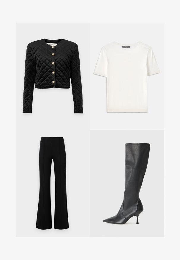 Zwart geborduurd cropped jack met lange mouwen, ronde halslijn en zes gouden knoopsluitingen aan de voorkant. Zachte fluwelen textuur.; Witte gebreide top met korte mouwen en een ronde halslijn, met een gladde textuur en subtiele ribgebreide accenten bij de mouwen en de zoom.; Zwarte flared broeken met een hoge taille, gemaakt van rekbaar materiaal. Bevat verticale naden aan de voorkant en heeft een gladde textuur.; Kniehoge zwarte leren laarzen met een spitse neus en een slanke stilettohak. Glad textuur met een aansluitend ontwerp en stiksels aan de bovenrand.