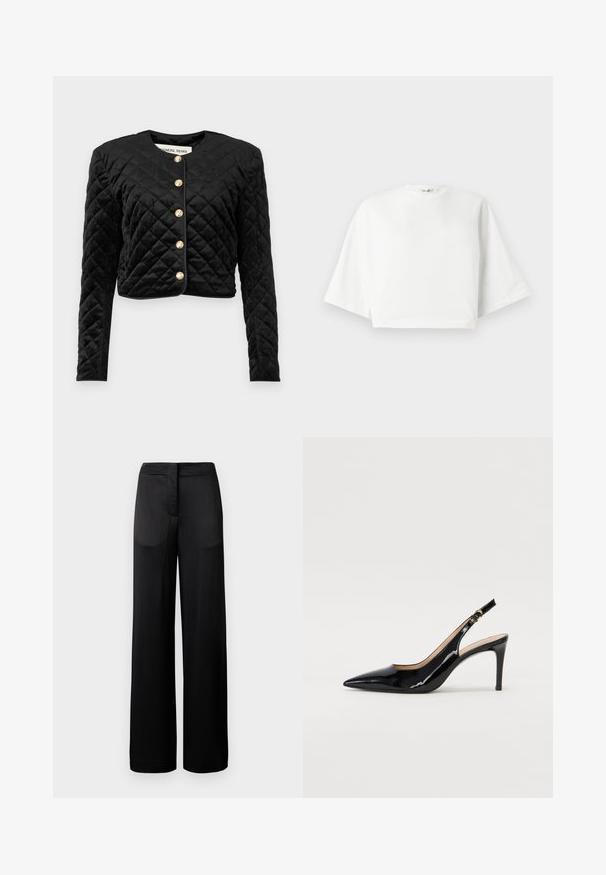 Čierna prešívaná krátka bunda s dlhými rukávmi, okrúhlym výstrihom a šiestimi zlatými gombíkmi na prednej strane. Mäkká zamatová textúra.; Biely skrátený tričko s voľným strihom, krátkymi širokými rukávmi, okrúhlym výstrihom a bočnými rozparkami, vyrobené z mäkkej bavlny.; Široké čierne nohavice s textúrovaným povrchom, obsahujúce plochý pás a dve bočné vrecká. Tkanina vyzerá ľahko a priedušne.; Čierne lakované kožené slingback lodičky s špicatou špičkou, štíhlým podpätkom a jemným výrezom. Obsahuje zlatú pracku na remienku.