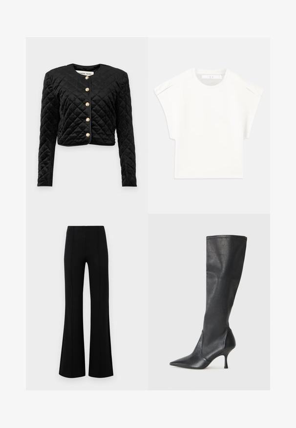 Black quilted cropped jacket featuring long sleeves, round neckline, and six gold button closures along the front. Soft velvet texture.; White boxy t-shirt with short sleeves. Made from smooth fabric, featuring a round neckline and subtle shoulder accents. Simple design.; Black flared pants with a high waist, made of stretchy fabric. Features vertical seam details on the front and a smooth texture.; Knee-high black leather boots with a pointed toe and a slim stiletto heel. Smooth texture with a fitted design and stitching at the top edge.