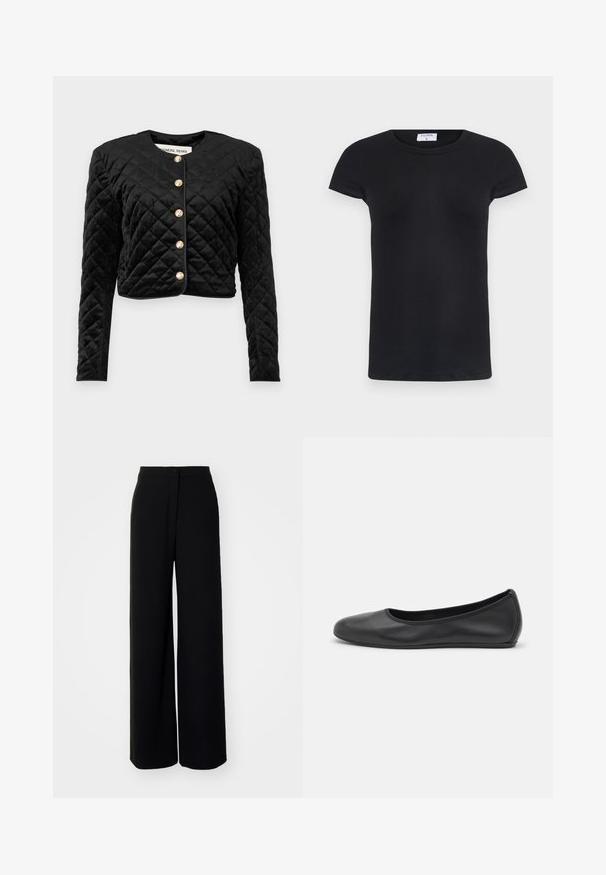Črno prešito skrajšano jakno z dolgimi rokavi, okroglo izrezi in šestimi zlatimi gumbi na sprednji strani. Mehka velur tekstura.; Črna rebrasta majica s kratkimi rokavi in okroglo ovratnikom. Mehka tkanina s prilegnjenim krojem, ki ima etiketo na vratu.; Črne hlače širokega kroja z visokim pasom, gladkega materiala, z sprednjim gumbom in brez vidnih žepov, ki imajo prilagojen kroj.; Črne usnjene balerinke z zaobljenim nosom, gladko teksturo, minimalnimi šivi in fleksibilno zasnovo podplata.