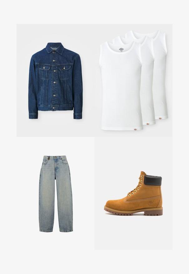 Denim jacket in dark blue, featuring a front button closure, two chest pockets, and side pockets. Classic collar, long sleeves, straight design.; Three white tank tops made of ribbed cotton. Each has a round neckline and a small logo tag at the hem. Classic, simple design.; Light blue denim jeans with a relaxed fit, featuring a high waist, wide legs, classic five-pocket design, and metal hardware accents.; Tan suede ankle boot with black padded collar, gold metal eyelets, white stitching detailing, and rugged rubber sole with pronounced treads.