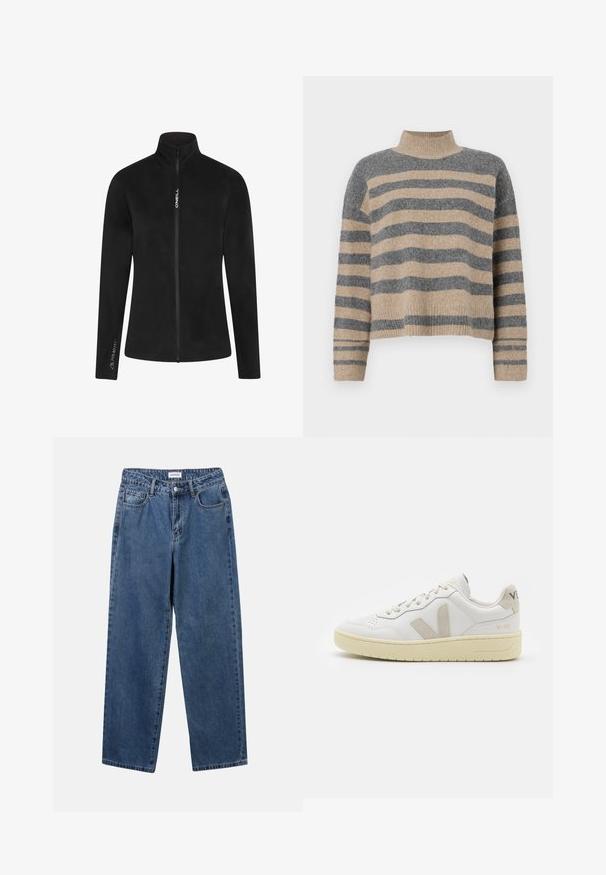 Black fleece jacket with a high collar and full zip. Features include a smooth texture and white branding on the chest and sleeve.; Striped knit sweater featuring gray and beige colors, high neck, wide cuffed sleeves, and a relaxed fit with a cropped design.; Classic blue denim jeans with a straight-leg design, five pockets, and a button closure. Features a medium wash and sturdy texture.; White leather sneaker with beige suede accents, perforated toe box, flat laces, and a textured cream sole. Features subtle branding on heel.