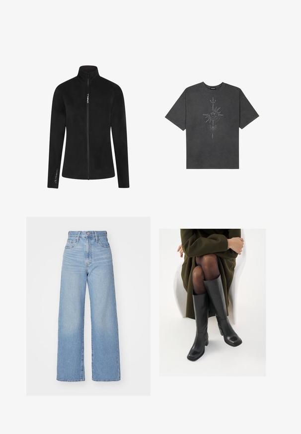 Black fleece jacket with a high collar and full zip. Features include a smooth texture and white branding on the chest and sleeve.; Dark gray oversized t-shirt made of cotton, featuring a central sun graphic with intricate line details printed on the front.; Light blue high-waist wide-leg jeans with front button and zip closure, front and back pockets, on a white background.; Knee-high black leather boots with a squared toe and block heel, shown with a model seated in an olive green coat. Smooth texture, minimal detailing.