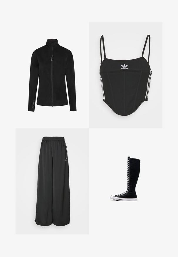 Black fleece jacket with a high collar and full zip. Features include a smooth texture and white branding on the chest and sleeve.; Black ribbed crop top with adjustable thin straps, featuring three white stripes on the sides and a small white Adidas logo at the center.; Black loose-fitting track pants made of smooth fabric. Features an elastic waistband and side stripes with logo accents.; Black high-top sneakers with a tall design, made of canvas. Feature white laces, stitching, and a rubber sole with a toe cap.