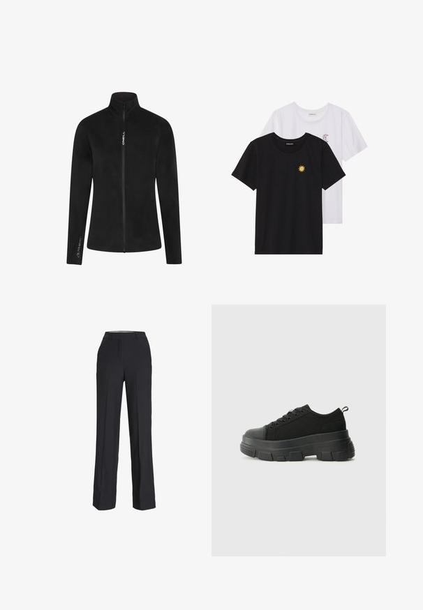 Melnas vilnas jakas ar augstu apkakli un pilnu rāvējslēdzēju. Iezīmes ietver gludu tekstūru un baltu zīmolu uz krūtīm un piedurknēm.; Melnbaltie t-krekli, ar apaļu kaklu, īsām piedurknēm. Melnais krekls ar dzeltenu saules izšuvumu; baltais ar purpursarkanu mēness akcentu.; Melni, augstā jostasvietā sīkie bikses ar taisnu piegriezumu. Izgatavoti no gludas auduma, ar priekšējām krokām un sānu kabatām.; Melnas kedas ar masīvu gumijas zoli, teksturētu auduma augšdaļu, apaļu purngalu un saistīšanas dizainu. Iekļautas pastiprinātas acs atveres un aizmugurējais cilpiņas siksniņa.
