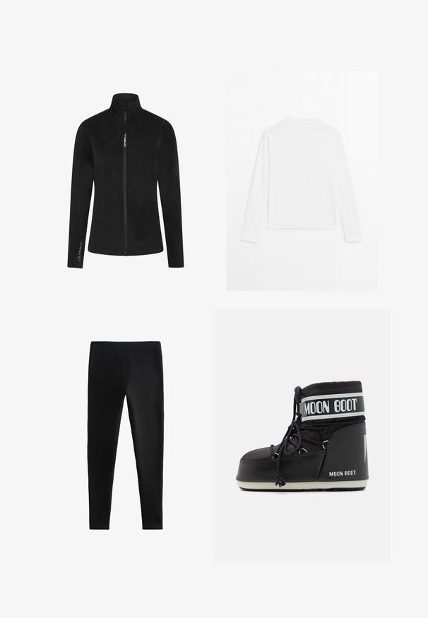 Zwarte fleecjas met hoge kraag en volledige rits. Kenmerken zijn een gladde textuur en witte branding op de borst en mouw.; Effen witte langslopende shirt met lange mouwen, ronde hals, van achteren weergegeven, plat gelegd op een witte achtergrond.; Zwarte legging gemaakt van rekbare stof, met een strak design zonder zichtbare naden of zakken, geschikt voor verschillende activiteiten.; Zwarte Moon Boot met een gevoerde bovenkant, bevestigd met veters en een kenmerkende witte band met het logo. Dikke, gestructureerde rubberen zool.