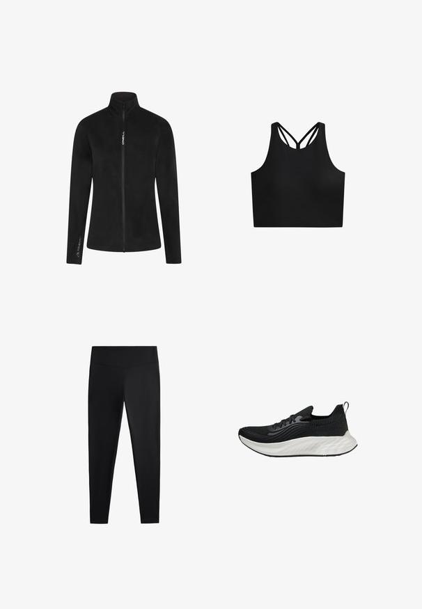 Zwarte fleecjas met hoge kraag en volledige rits. Kenmerken zijn een gladde textuur en witte branding op de borst en mouw.; Zwarte sportieve crop top met een gladde textuur, uitgerust met een hoge halslijn en dubbele kruislings straps op de rug. Eenvoudig, functioneel ontwerp.; Zwarte leggings van gladde, rekbare stof. Voorzien van een brede tailleband en een taps toelopend pootdesign, geschikt voor actieve of casual kleding.; Zwarte sportieve schoen met een gestructureerde bovenkant, een witte gewatteerde zool en subtiele branding. Voorzien van een trekhaak en vetersluiting.